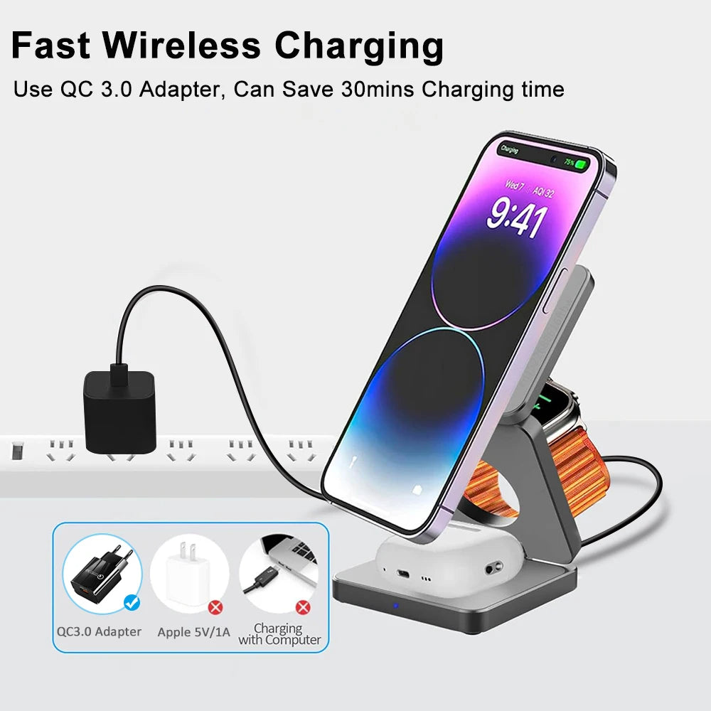 3 in 1 Foldable Magnetic Wireless Charging Station for iPhone 15 14 13 12 Pro Max Apple Watch 8 9 Charger PULSEPRO