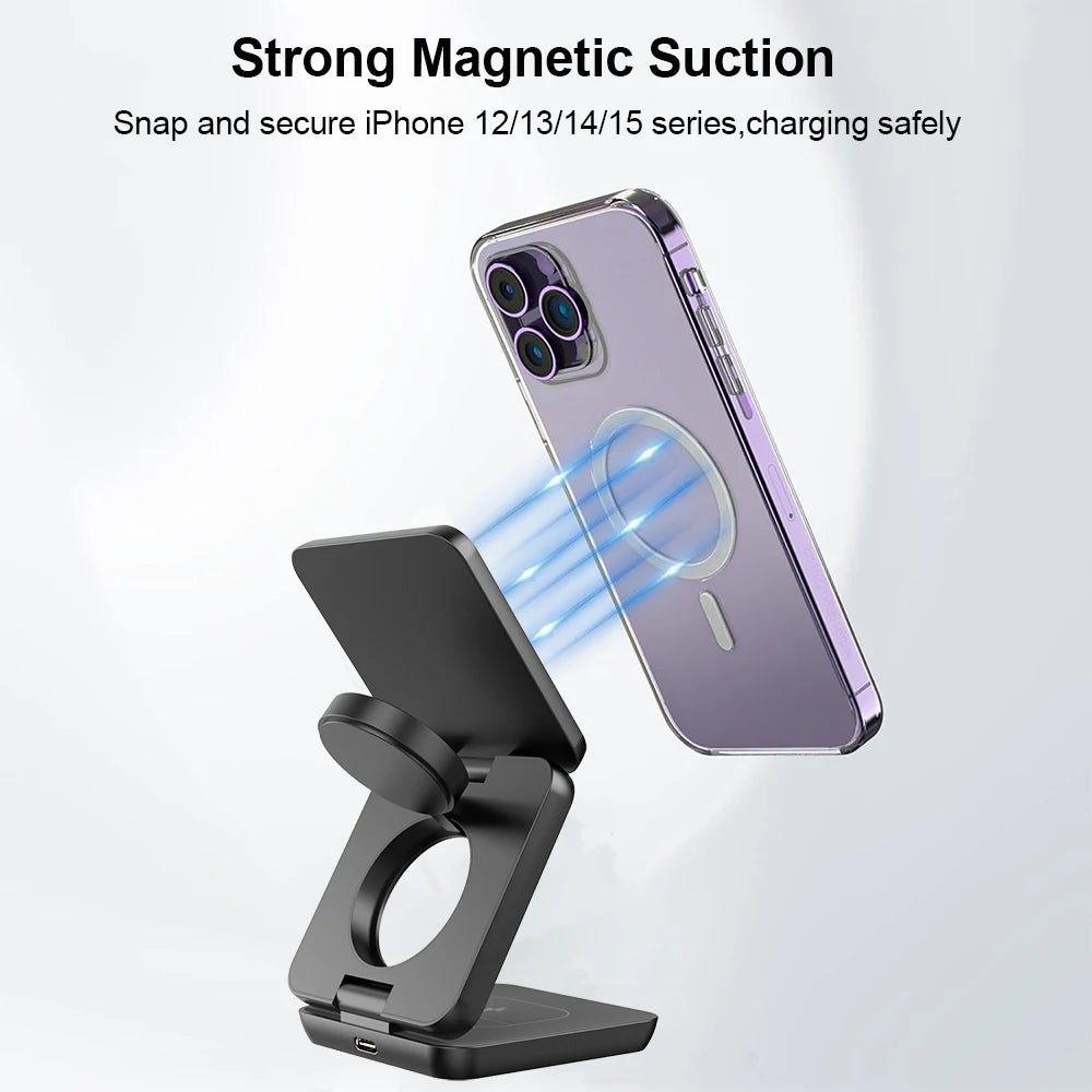 3 in 1 Foldable Magnetic Wireless Charging Station for iPhone 15 14 13 12 Pro Max Apple Watch 8 9 Charger PULSEPRO